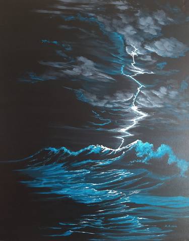 Lightening strike on night ocean. By Zoe Adams. thumb
