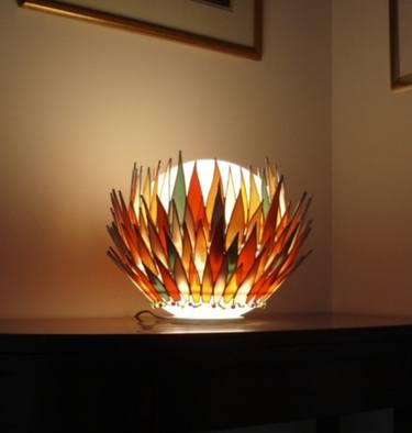 Light My Fire - stained glass over white glass globe table lamp thumb