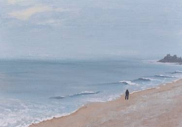 Alone at the Beach, Caen France small canvas painting shore line thumb