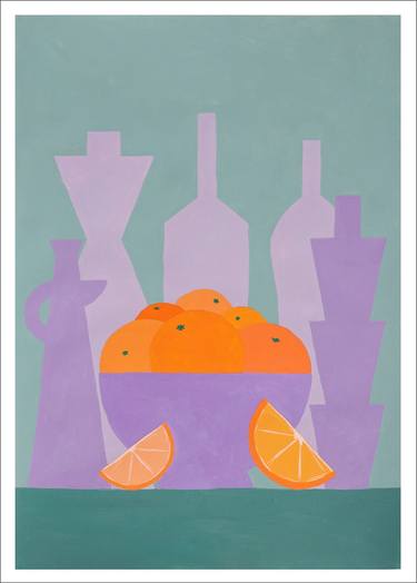 Oranges Bowl with Purple Bottles thumb