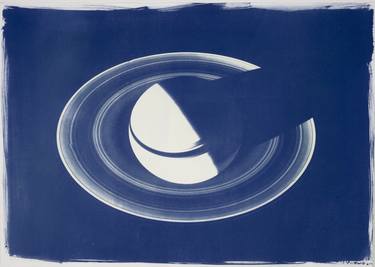 Saturn with Rings, Handmade Cyanotype Print on Watercolor Paper, 100x70 cm Limited Edition (50) thumb
