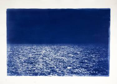 Barcelona Beach Night Horizon / Cyanotype Print on Watercolor Paper - Limited Edition of 50 thumb