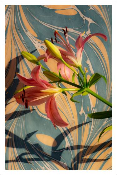 Pink Lilies on Marble Swirls - Limited Edition of 100 thumb