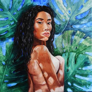 Black Woman Portrait with Monstera Floral Background Original Oil Painting thumb