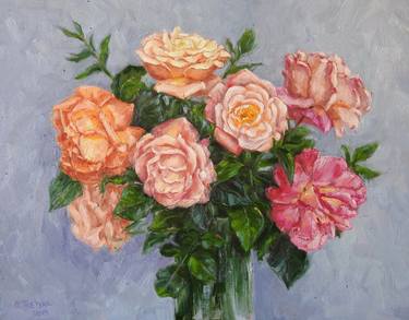 Bouquet of Roses in Vase Original Oil Painting "Nude" thumb