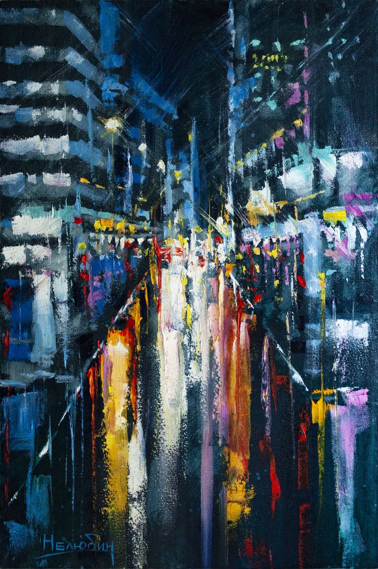 Night city lights Painting by Oleksandr Neliubin | Saatchi Art