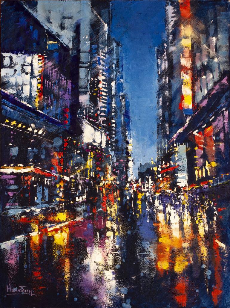 Night city lights Painting by Oleksandr Neliubin | Saatchi Art
