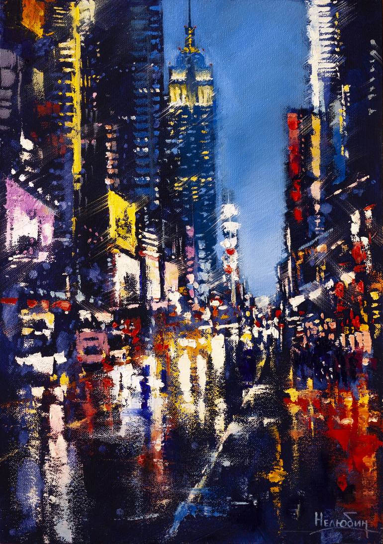 Reflection of a night city Painting by Oleksandr Neliubin | Saatchi Art