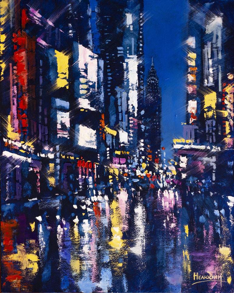 Night city after rain Painting by Oleksandr Neliubin | Saatchi Art