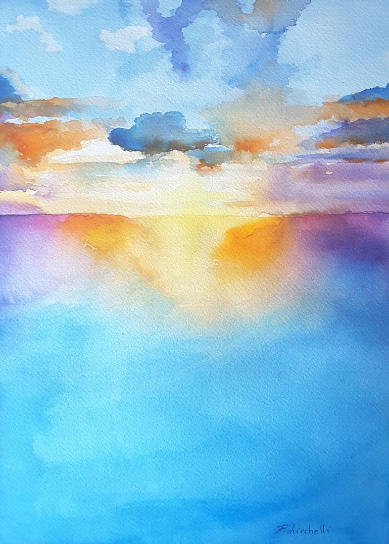 Original Seascape Painting by Francesca Licchelli | Figurative Art on Paper | Sunset on the sea