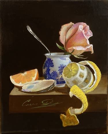 Still life with rose, lemon, orange slice, porcelain vase, mussel thumb