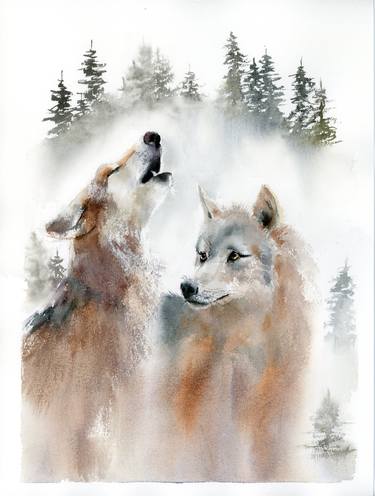 Wolves - Original Watercolor Painting thumb
