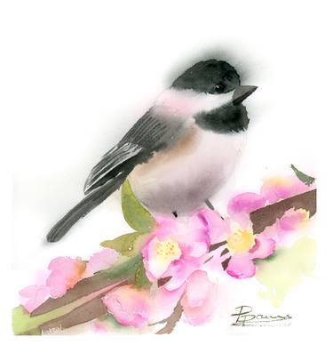 Chickadee with pink flower thumb