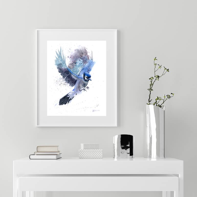 Flying Blue Jay Painting by Olga Tchefranov | Saatchi Art