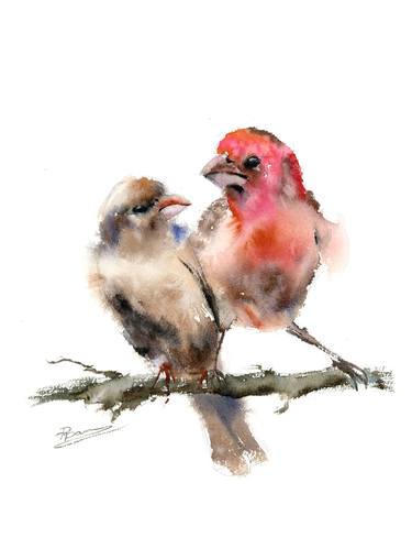 Two purple finches - Original Watercolor Painting thumb
