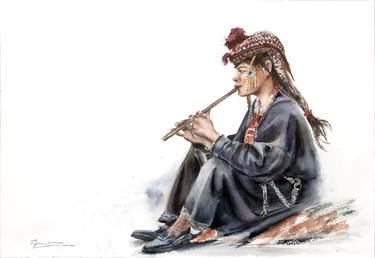 Dardic musician - Original Watercolor Painting thumb