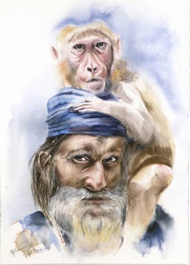 Guy with a monkey on his shoulder  - Original Watercolor Painting thumb