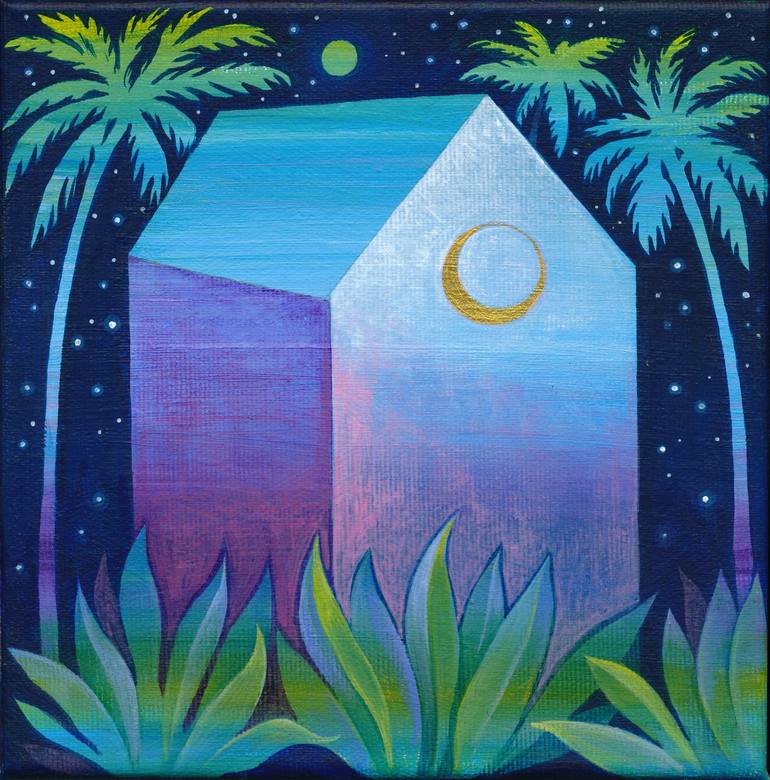 Original Architecture Painting by Rita Wolff | Art Nouveau Art on Canvas | House Beneath the Palm Moon