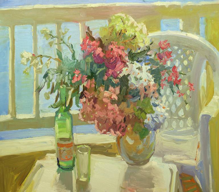 Bouquet on the balcony Painting by Ksenia Logvinenko | Saatchi Art