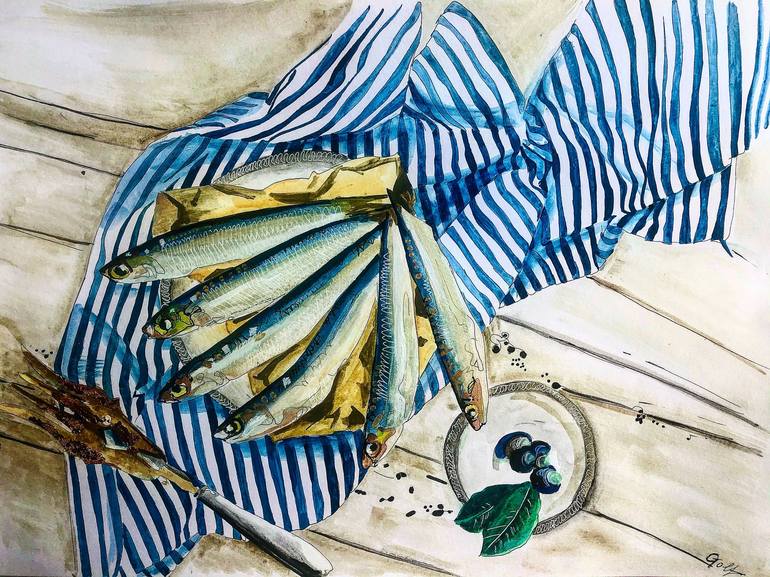 Sardines and striped tea towel