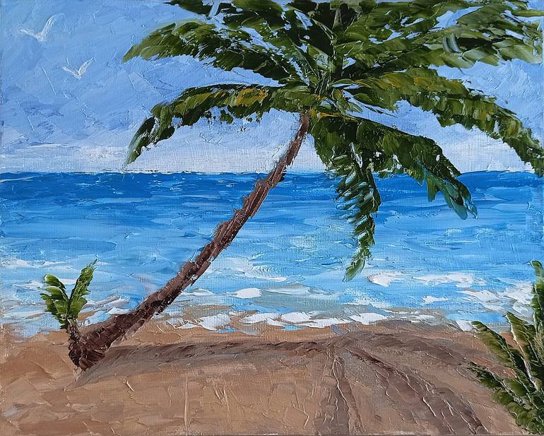 Tropical Palm Tree Beach Oil Painting on Canvas Coastal Wall Art