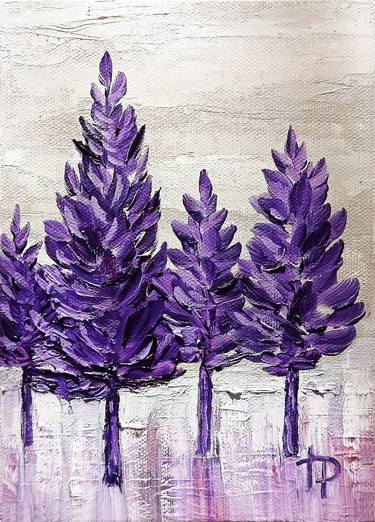Purple Cypresses Original Oil Artwork 5x7" Abstract Art thumb