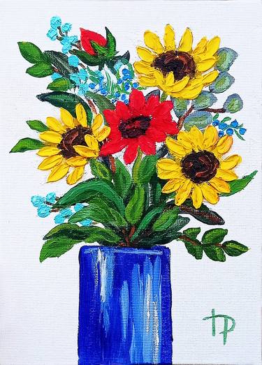 Sunflowers Floral Original oil painting on canvas board 5x7