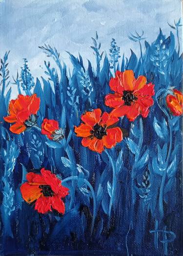 Flowers painting oil on canvas Poppies Wall art Impasto painting