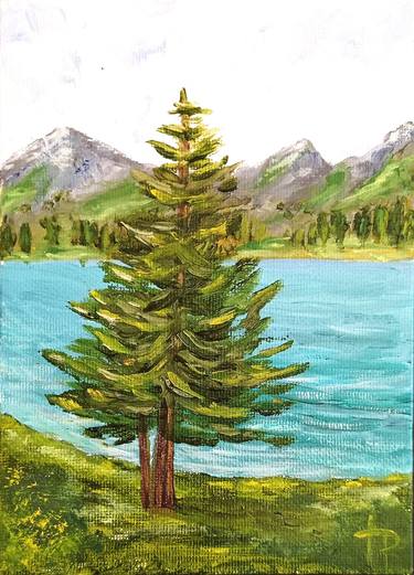 Mountains Painting Original Oil Artwork Lake Landscape thumb