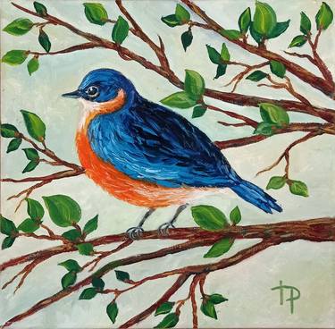 Blue Bird Painting Original Oil Artwork Stretched Canvas Wall Art thumb