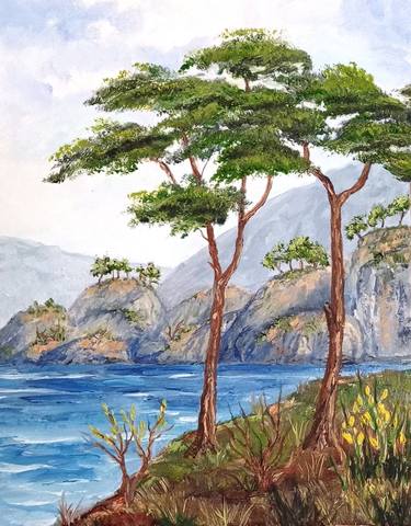 Seascape Painting Original Oil Artwork Sea Pines Trees Wall Art thumb