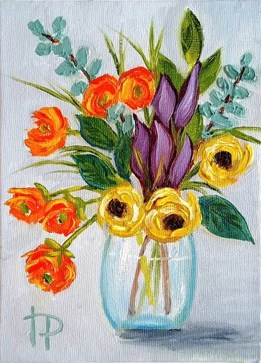 Original Floral Paintings on Canvas Board For Sale