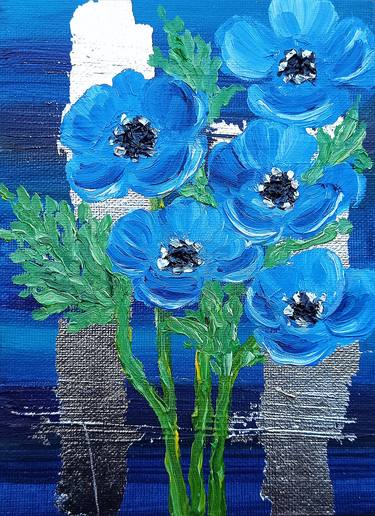 Flowers Painting Original Oil Painting Blue Flowers Anemones thumb