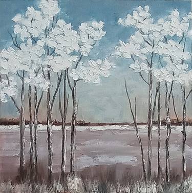 Abstract Winter Landscape Original Oil Painting Trees Wall Art thumb