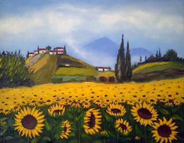 Sunflowers Landscape Original Oil Painting Italian Countryside thumb