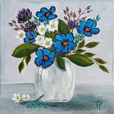 Blue Flowers Original Oil Painting Hand Painted Artwork thumb