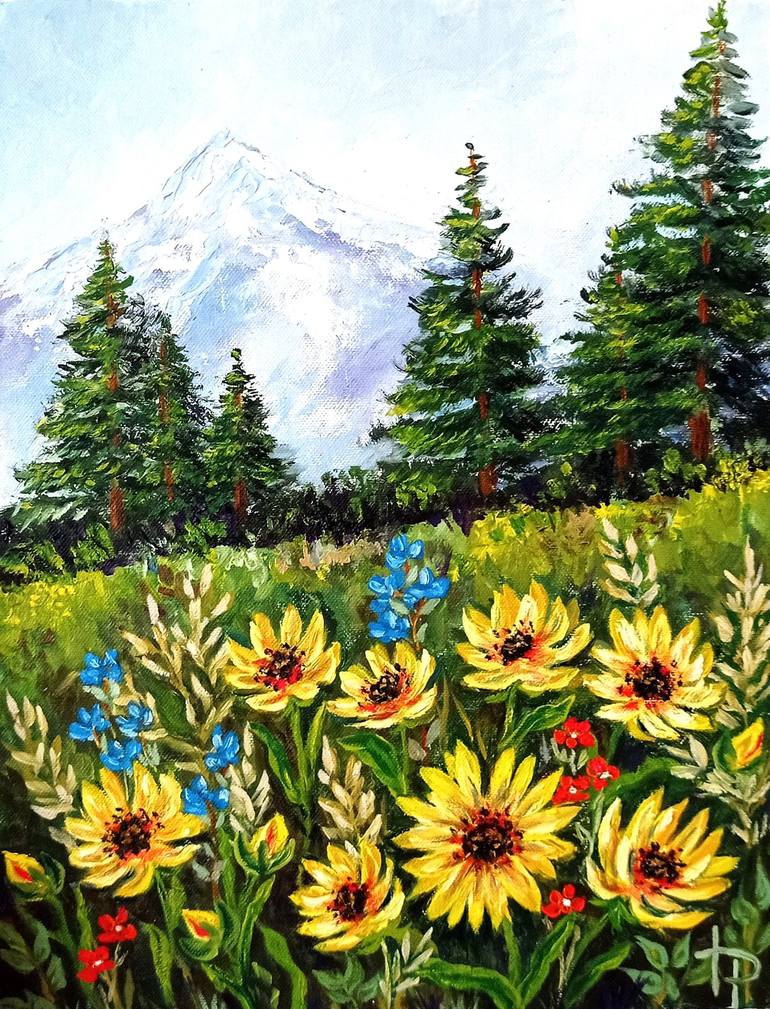 Wild Flowers Landscape Mountain Painting Hand Made Artwork Painting by ...