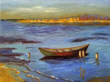 Low Tide Seascape Boat Painting Original Oil Artwork Hand Made thumb