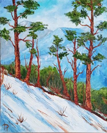 Landscape Painting Winter Mountain Pines Original Artwork thumb
