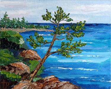 Lagoon Seascape Painting Original Oil Artwork Lonely Tree thumb