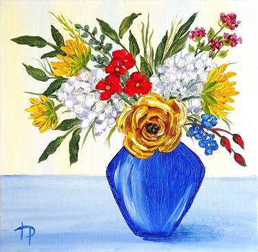 Colorful Flowers Bouquet in blue vase Original Oil Painting thumb