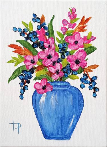 Bouquet of Pink Flowers Original Oil Painting Small Art thumb