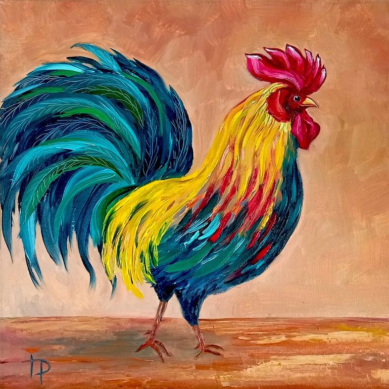 Rooster 1018 12x12 inch animal portrait original oil painting by online Roz