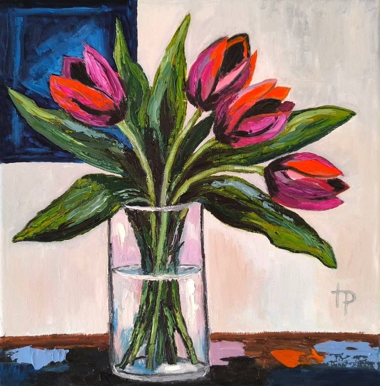 Original Floral Painting by Irene Artgallery | Expressionism Art on Canvas | Tulip Oil Painting Floral Wall Art Tulips Flowers Bouquet