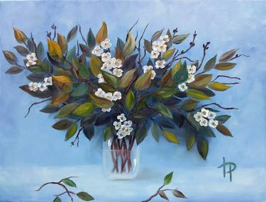 White Flowers Bouquet Original Oil Painting on Stretched Canvas thumb