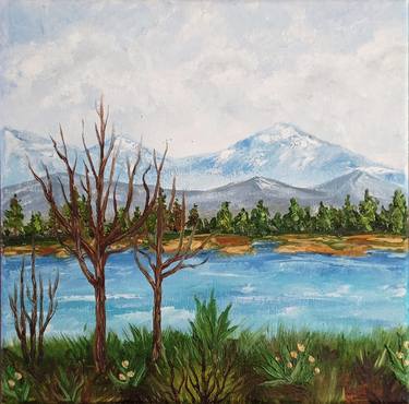 Mountain River Landscape Original Oil Painting on Canvas thumb