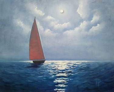 Seascape Moonlight Sailboat Original Oil Painting Nautical Art thumb