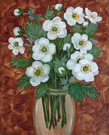 White Flowers Bouquet Original Oil Painting Floral Wall Art thumb
