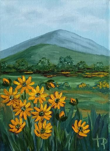 Daisies Flowers Landscape Original Oil Paintin Miniature Painting thumb