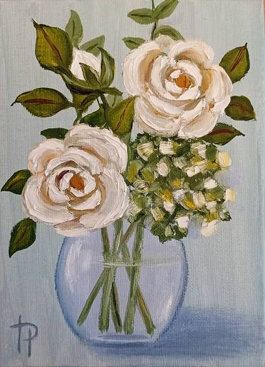 White Roses Original Oil Painting Floral Painting Roses Bouquet thumb